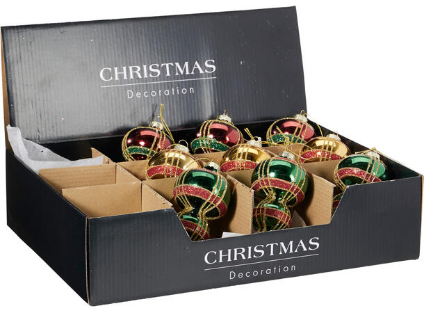 Julekule dråpe gull/grønn/rød 13cm 3ass Display 12stk 