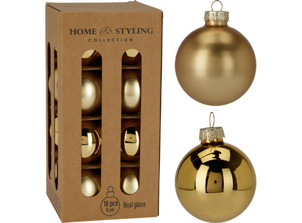 Julekule glass gull 6cm 16stk 8 matt + 8 blank i krafteske 