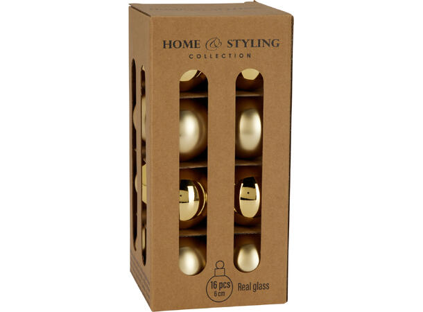 Julekule glass gull 6cm 16stk 8 matt + 8 blank i krafteske 