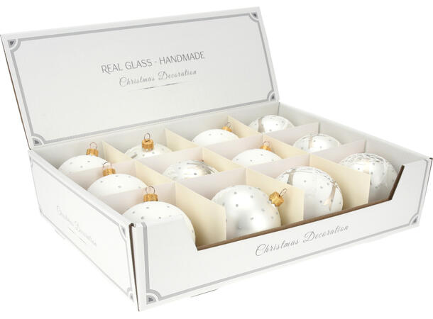 Julekule glass m/trær 8cm munnblåst 2ass Display 12stk. Håndlaget i Ukraina 