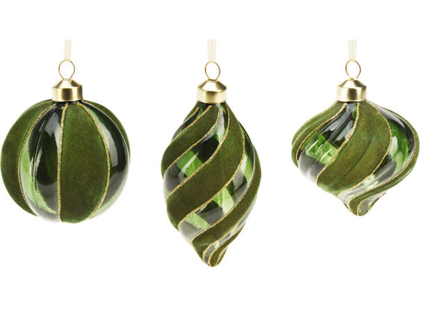 Julekule glass ornament grønn 8cm 3ass Display 12stk Kule Løk Dråpe 