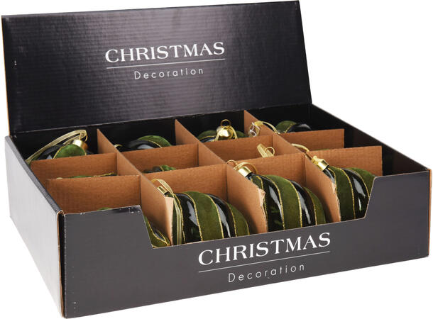 Julekule glass ornament grønn 8cm 3ass Display 12stk Kule Løk Dråpe 