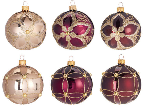 Julekule gull/burgunder glass 8cm 6ass Display 12stk. Håndlaget i Ukraina 
