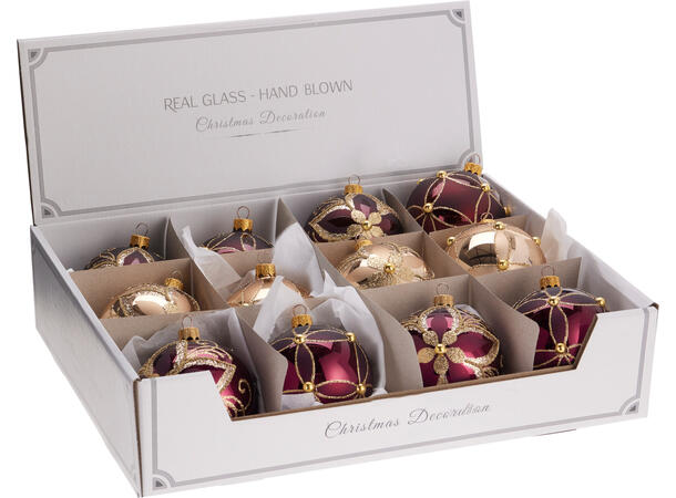 Julekule gull/burgunder glass 8cm 6ass Display 12stk. Håndlaget i Ukraina 