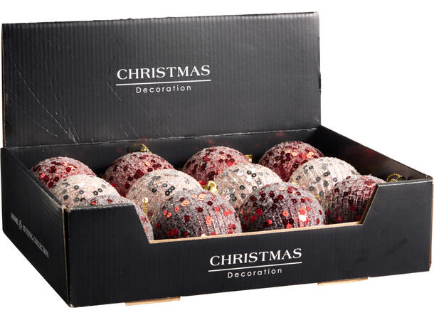 Julekule m/perler/paljett glass 8cm 3ass Display 12stk 