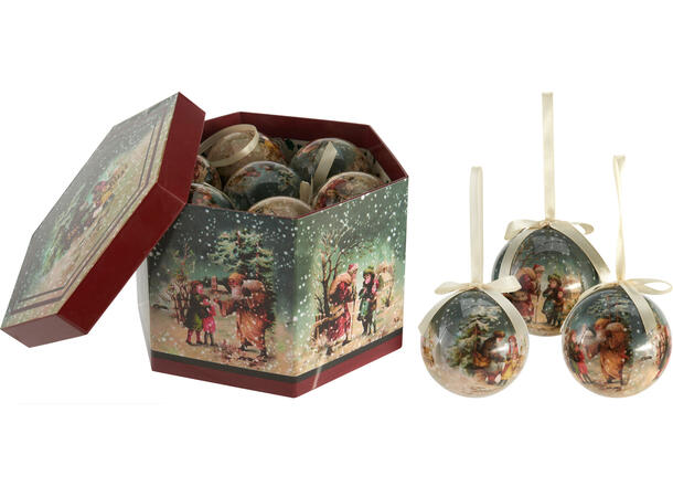 Julekule nostalgisk 7,5cm 14stk Styrofoam/papir i gaveeske 