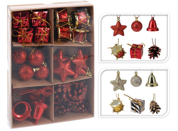 Juletrepynt gull/rød sett med 24 deler Kongler Trommer Stjerner 