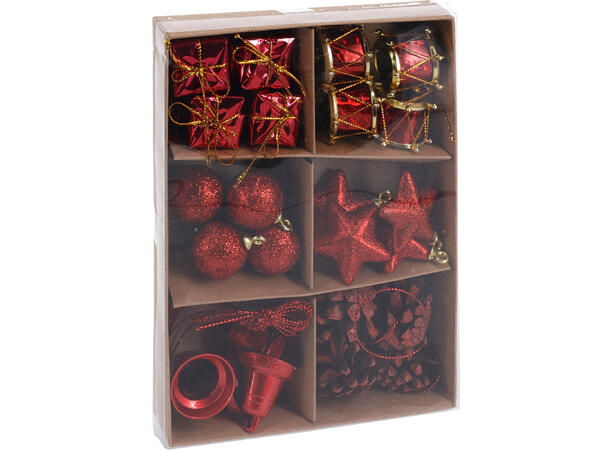 Juletrepynt gull/rød sett med 24 deler Kongler Trommer Stjerner 