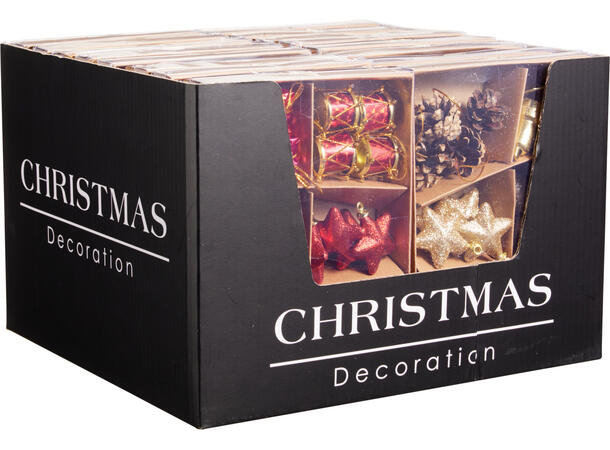 Juletrepynt gull/rød sett med 24 deler Kongler Trommer Stjerner 