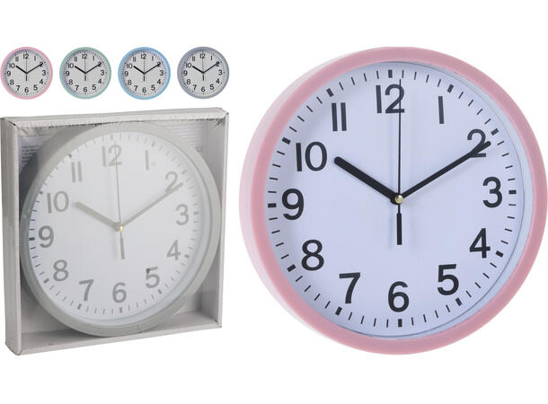 Klokke vegg 23cm 4ass farger Grønn, blå, rosa, grå. Materiale: PP 