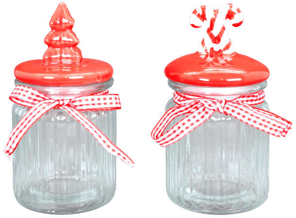 Krukke glass m/rødt lokk 8x8x16cm 2ass Forpk 12stk 