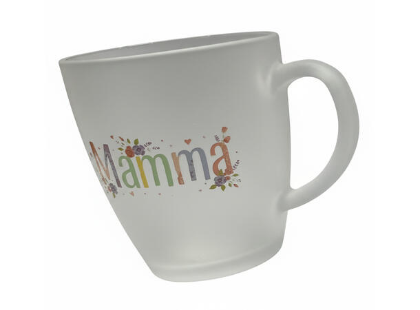 Krus frostet glass m/hjerte Mamma 10cm 12x9x10cm. Nøkkelring m/hjerte av PU 