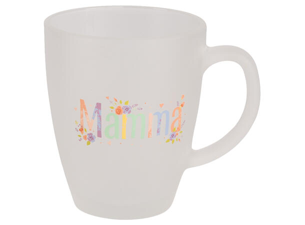 Krus frostet glass m/hjerte Mamma 10cm 12x9x10cm. Nøkkelring m/hjerte av PU 