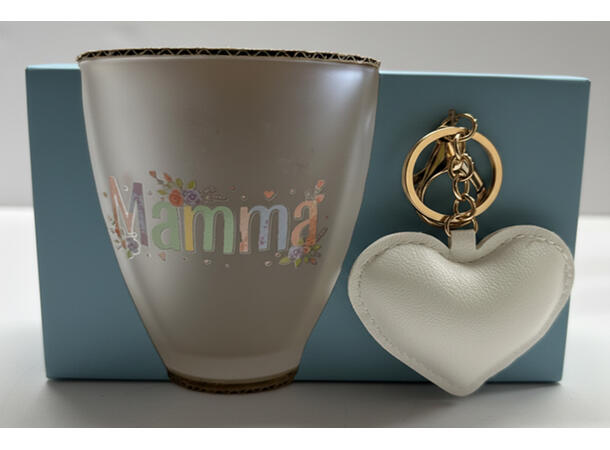 Krus frostet glass m/hjerte Mamma 10cm 12x9x10cm. Nøkkelring m/hjerte av PU 