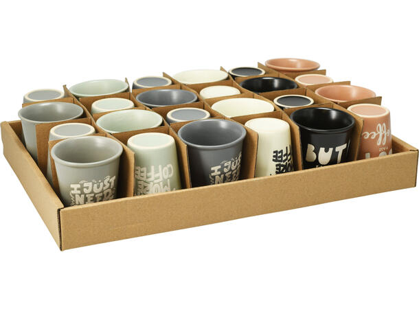 Krus keramikk 6x7cm 100ml 6ass 24 stk i display 