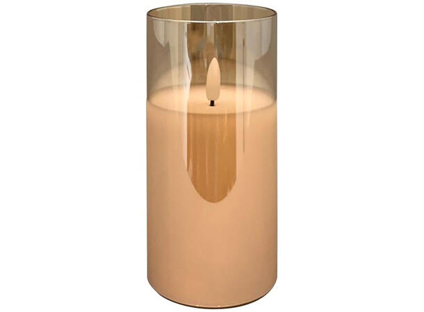 Kubbelys LED i amber glass 7,5x7,5x15cm Batteri: 2xAA. Timer 5t på/19t av 