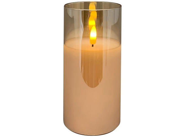 Kubbelys LED i amber glass 7,5x7,5x15cm Batteri: 2xAA. Timer 5t på/19t av 