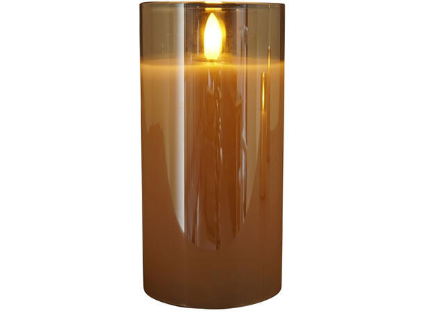 Kubbelys LED i amber glass 7,5x7,5x15cm Batteri: 2xAA. Timer 5t på/19t av 