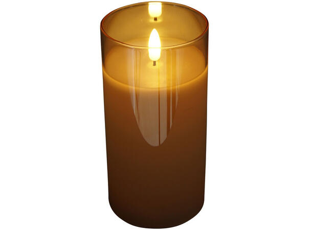 Kubbelys LED i amber glass 7,5x7,5x15cm Batteri: 2xAA. Timer 5t på/19t av 