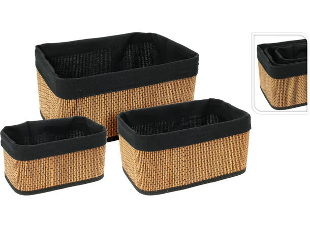Kurvsett bambus m/sort lin s/3 24x14x12cm, 29x19x14cm, 34x24x16cm 