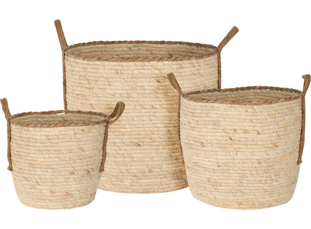Kurvsett flettet maisblad lys natur s/3 26x26x23cm / 32x32x28cm / 38x38x33cm 