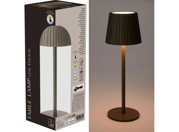 Lampe taupe varmhvit 24stk LED h:27,5cm USB-lading m/kabel 80cm. 3-modus lys 