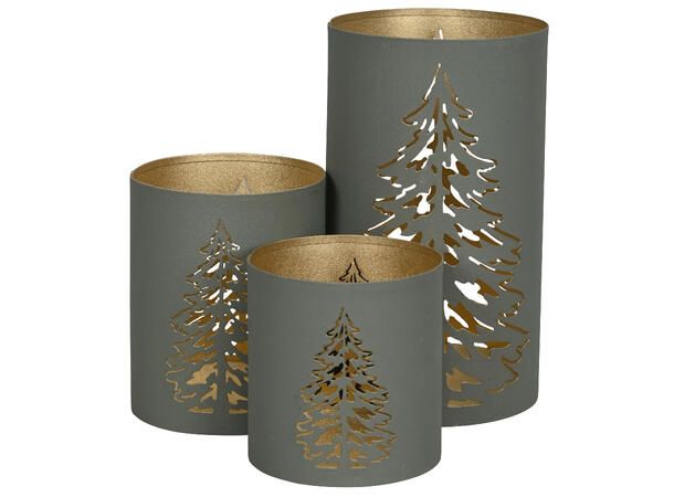 Lykt grønn metall m/gull/juletre S/3 9,5x10cm 10,5x12cm 12x20cm 