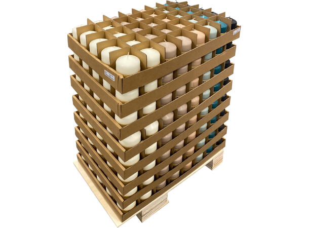 Lys 7x10cm 40t brenntid 8ass farger 320 stk assortert på 1/2 palle 