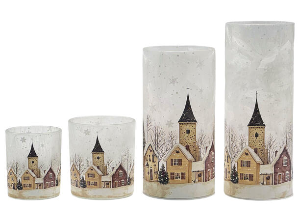 Lysglass frostet Juleby 6x7,5cm 