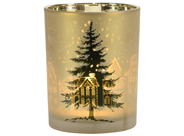 Lysglass gull/grønn m/juletre 10x12,5cm 
