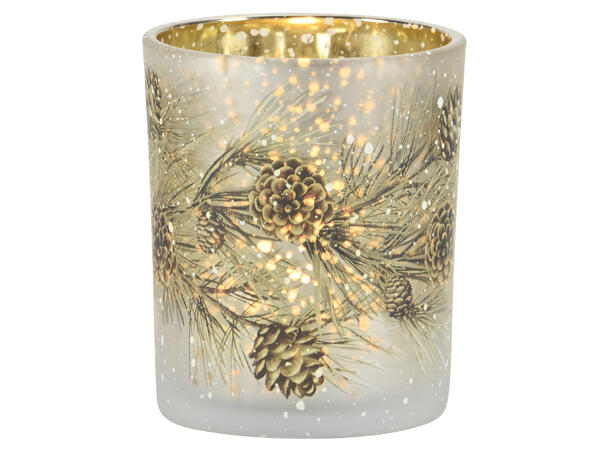 Lysglass gull/grønn m/kongler 7,5x8cm 