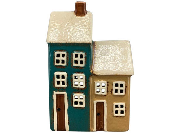 Lyshus telys petrol/beige 11,5x7x18cm Keramikk 