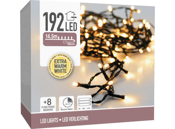 Lyslenke 192 LED batteri IP44 sort kabel Batteri: 3xAA 8 funksjoner 6/18t 