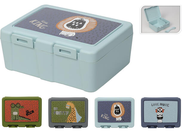 Matboks PP m/skje 18x13,5x7,5cm 4ass Design: sebra, giraff, løve, krokodille 