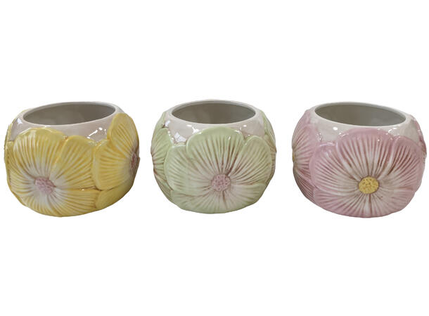 Potte m/blomster keramikk 14x10cm 3ass 