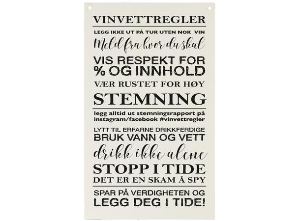 Skilt avlangt Vinvettregler 16x27cm Metall 