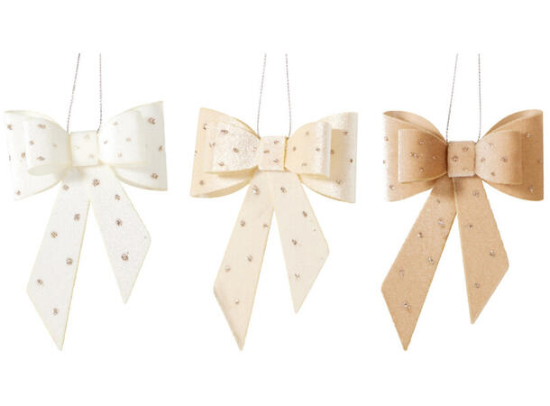 Sløyfe beige, brun, krem m/gli 11cm 3ass Display 40stk Polyester 