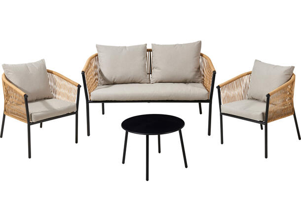 Sofasett stål/rotting sort m/puter 4 deler 