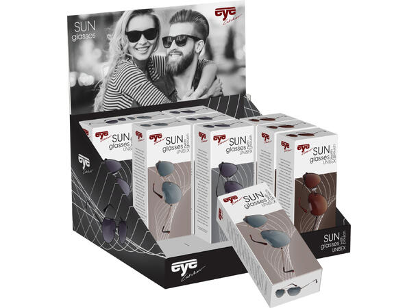 Solbriller akryl og kobber 4ass Display med 24stk. Leveres med stoffpose 