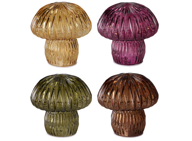 Sopp farget glass 10 LED 15cm 4ass Batteri 3xAAA Timer 6/18t 