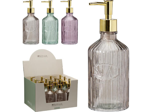 Såpedispenser glass 450ml 8x21cm 3ass Display 12stk Stripemønster Gullpumpe 