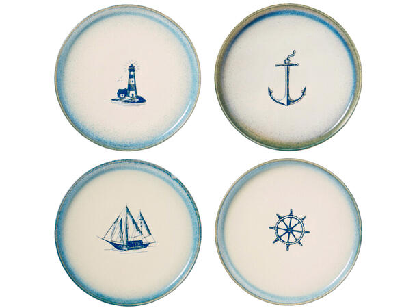 Tallerken maritim hvit m/blå 22,5cm 4as Forpk 4stk 