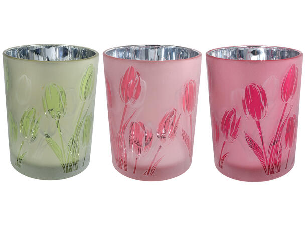 Telysglass med tulipan10x12,5cm 3ass 
