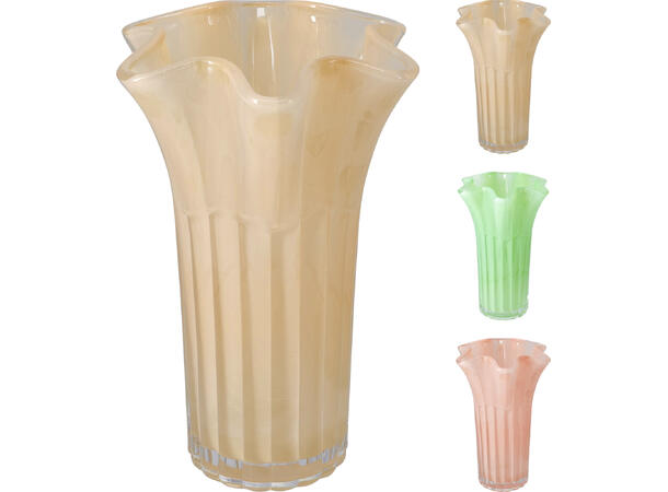 Vase blomsterformet topp h:25cm 3ass Forpk 6stk rosa grønn sand 