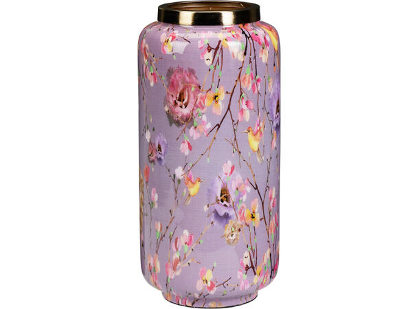 Vase metall lilla blomst/fugl 15x30cm Gullkant 