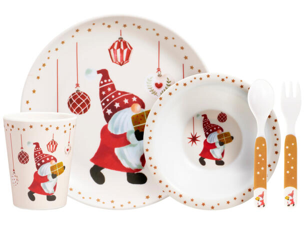 Barneservise Julemotiv 5 deler melamin Krus:250ml 9cm, Fat 21cm Skål:400ml 16cm 