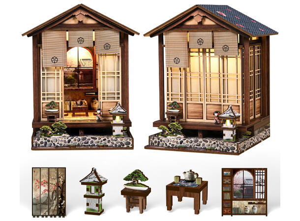 Book Nook Mini Japansk hage 12x13x17cm MDF papir stoff LED lys uten batteri 