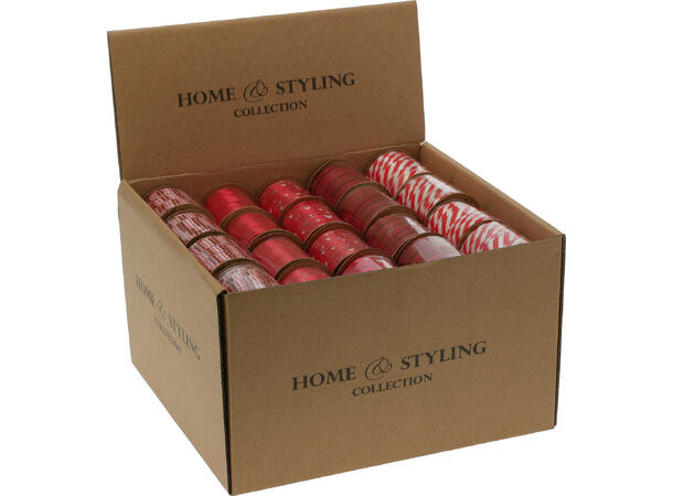 Bånd jul rød/hvit m/dekor 5m 5ass Display 60stk Polyester 