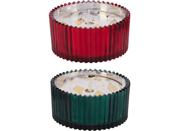 Duftlys glass 10x5cm rød/grønn 2ass Voks:150gram 