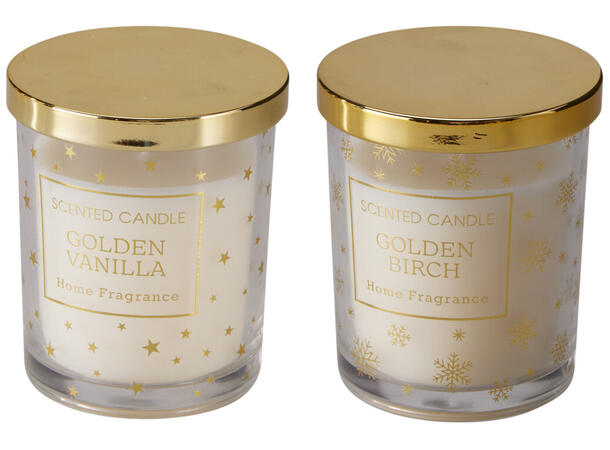 Duftlys glass m/gulldekor 8x10cm 2ass Brenntid 34t 